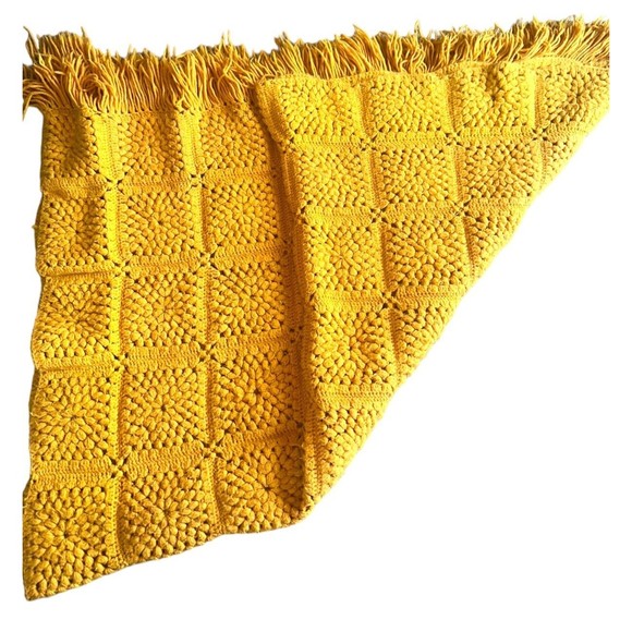 Mustard Crocheted Afghan Granny Square Fringe Retro Throw Blanket 69x46 Handmade - Picture 1 of 14